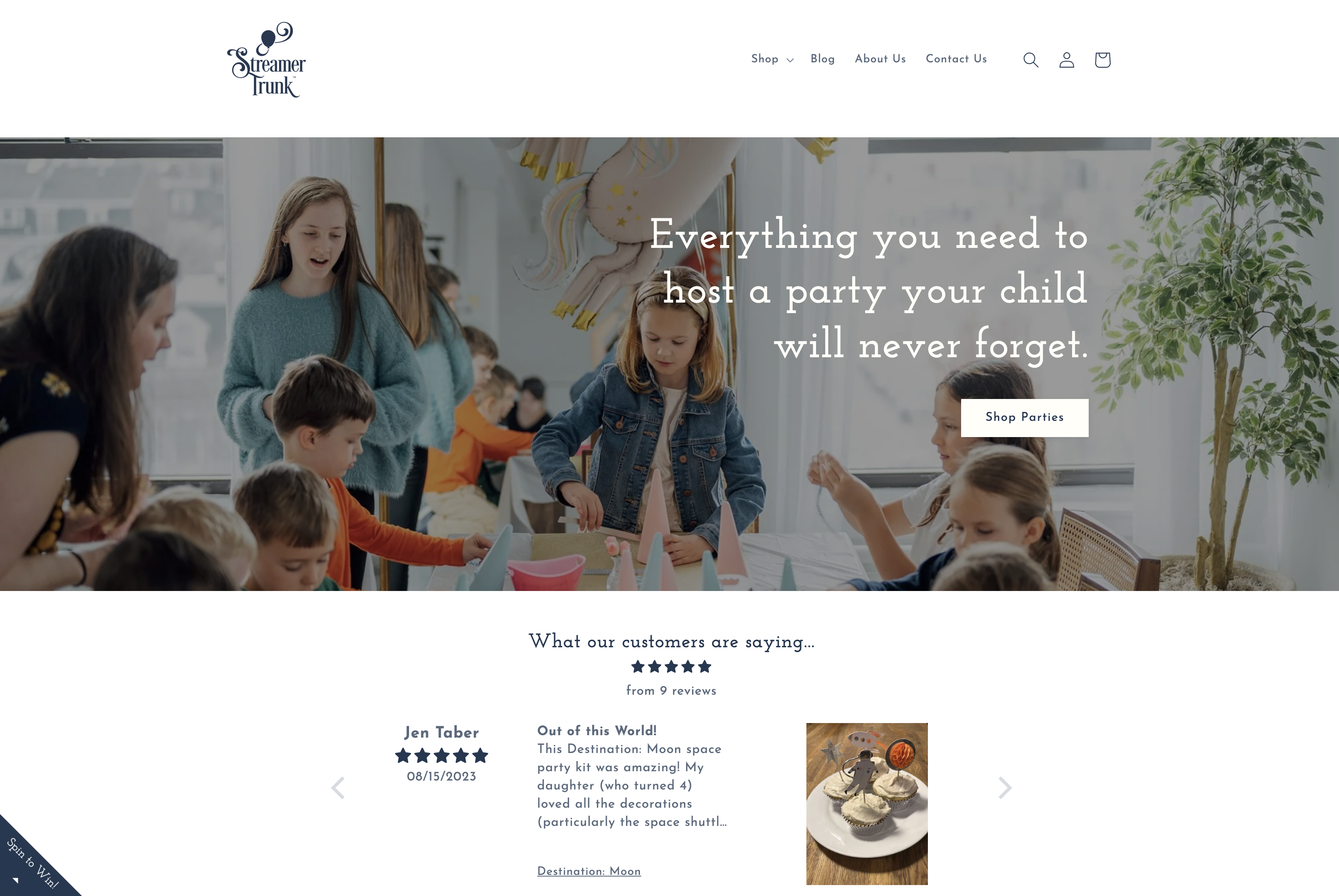 A capture of the homepage of Streamer Trunk, an e-commerce brand that built imaginative birthday party kits for parents.