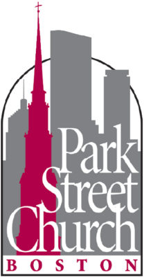 Park Street Church logo, pre-2012 — maroon steeple with Boston skyline silhouette