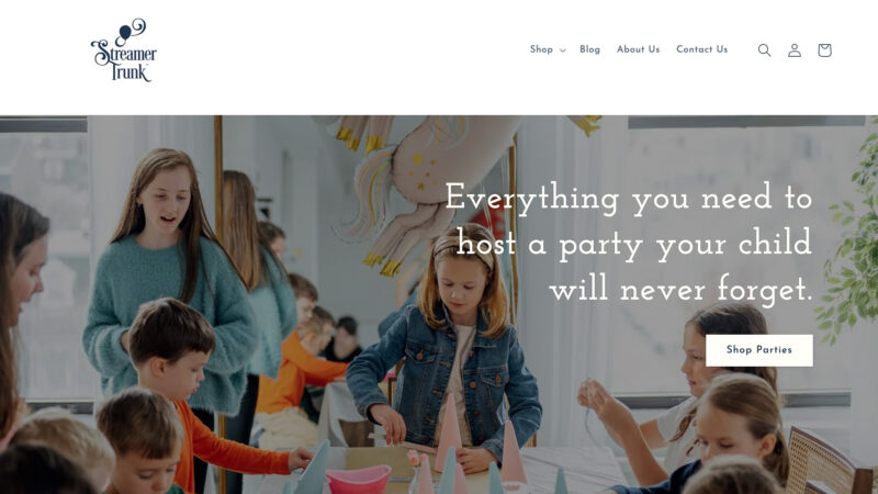 A capture of the homepage of Streamer Trunk, an e-commerce brand that built imaginative birthday party kits for parents.